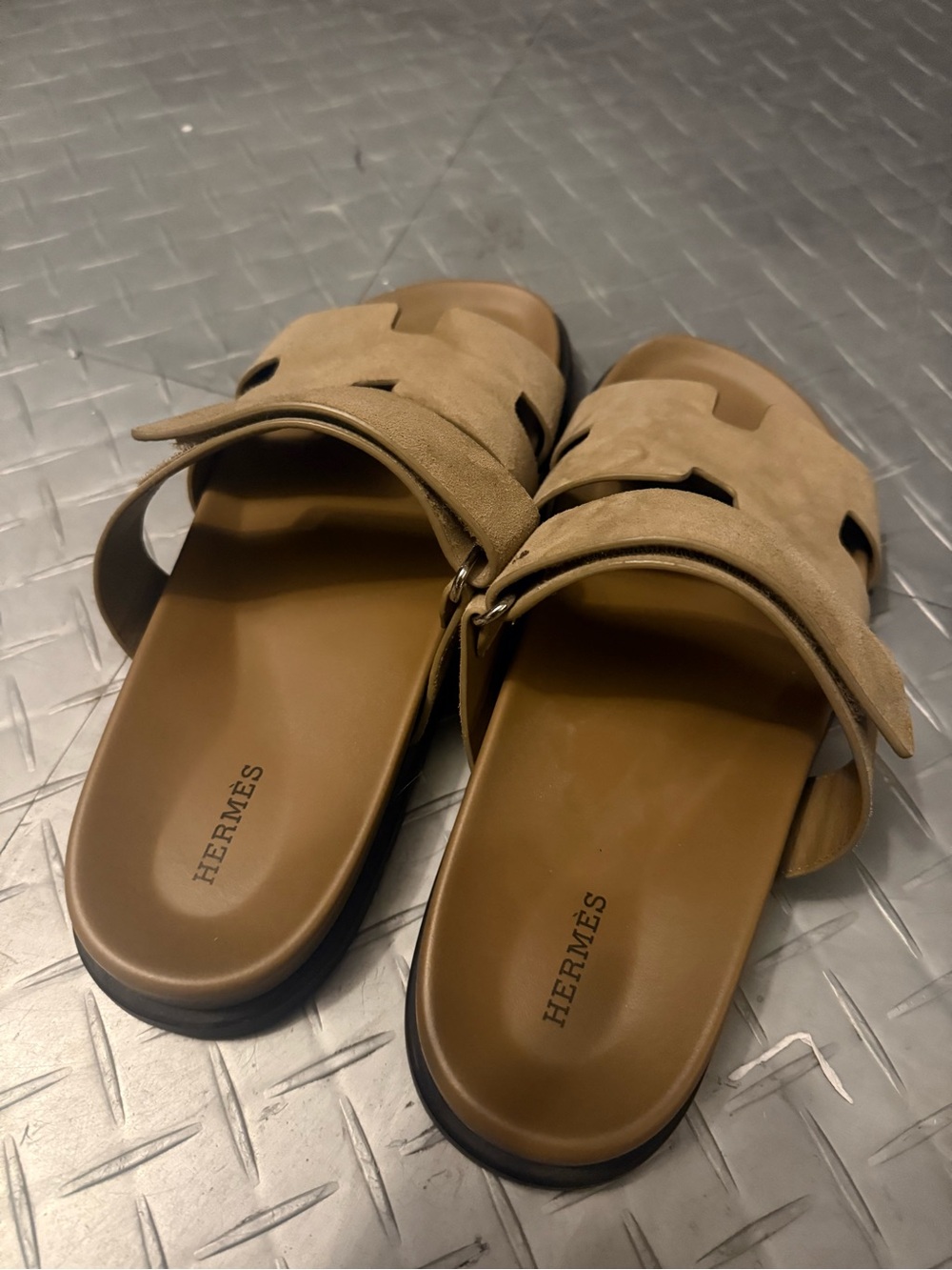 Hermes Men's Suede Tan Slide Sandals - Picture 2 of 3